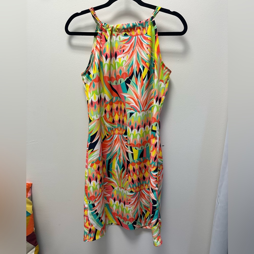 Crown & ivy multi color halter dress with bow on back size S